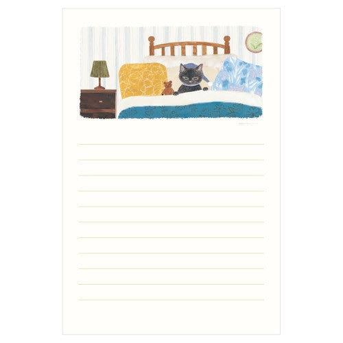Letter pad showing sleeping panda in bed with teddy bear and nightstand art