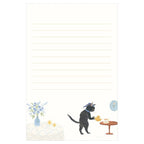 Hosho washi letter sheet with cat pouring tea beside blue flowers illustration