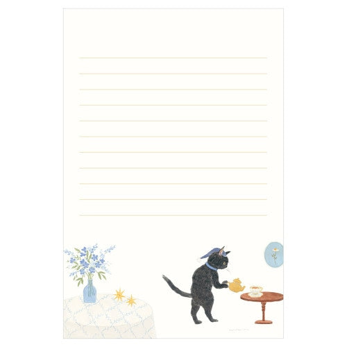 Hosho washi letter sheet with cat pouring tea beside blue flowers illustration