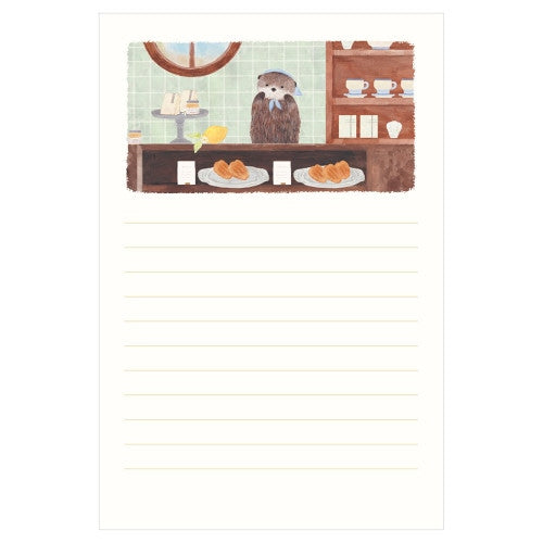 Otter behind shop counter displaying pastries on hosho washi letter pad