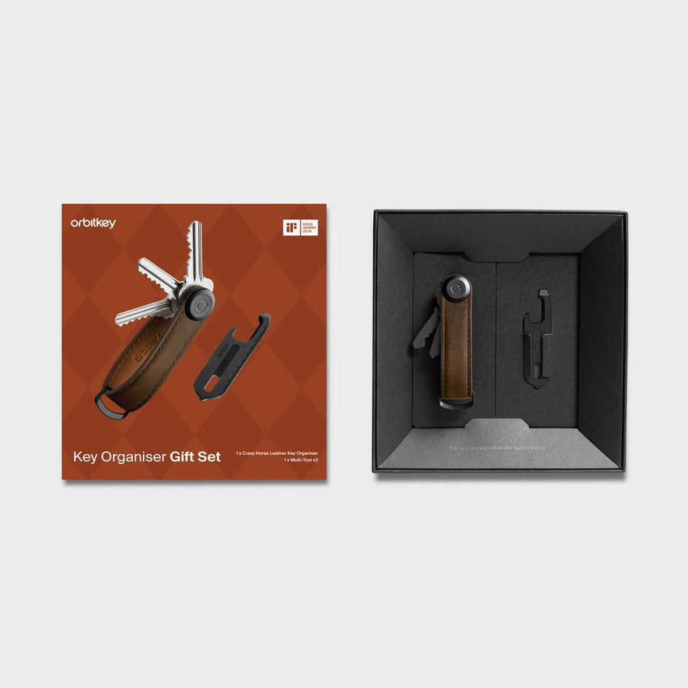 Orbitkey Crazy Horse Leather + Multitool v2 Gift Set - Oak Brown