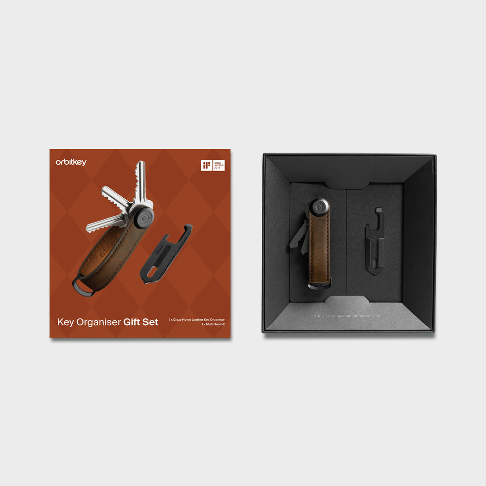 Orbitkey Crazy Horse Leather + Multitool v2 Gift Set - Oak Brown