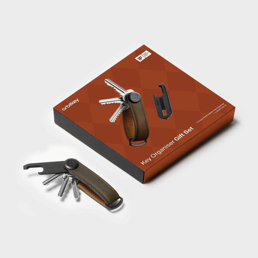 Orbitkey Crazy Horse Leather + Multitool v2 Gift Set - Oak Brown