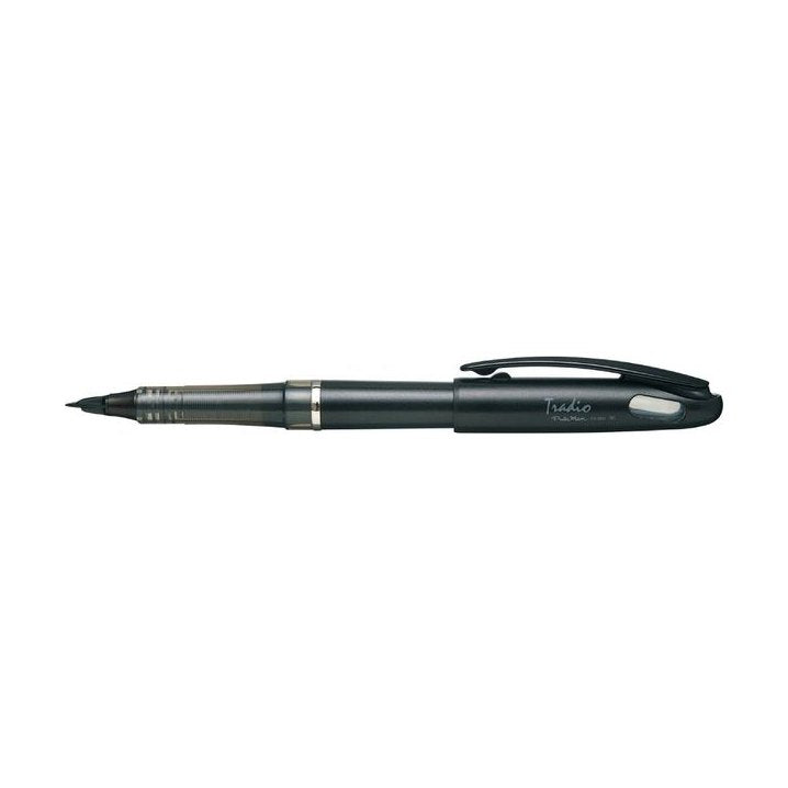 Pentel Tradio Pulaman black fountain pen horizontal view showing ink cartridge