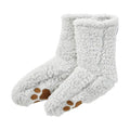 White curly fleece slippers with brown paw print embroidery detail