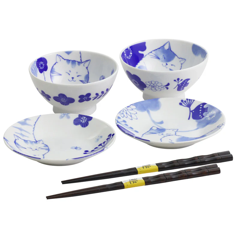 Relaxed Cat Bowl & Plate Pair Set