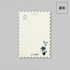 Back of cream-colored die-cut postcard with small sailor cat logo