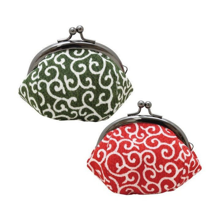 Ryukodo Karakusa Clasp Coin Purse set in olive green and red with white arabesque pattern