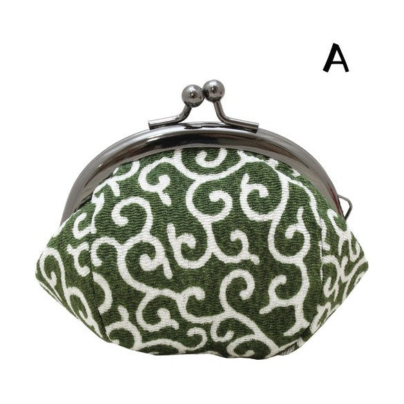 Olive green Ryukodo coin purse with white karakusa swirl pattern and metal clasp