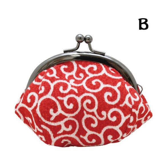 Red Ryukodo fabric coin purse featuring white traditional arabesque design and ball clasp