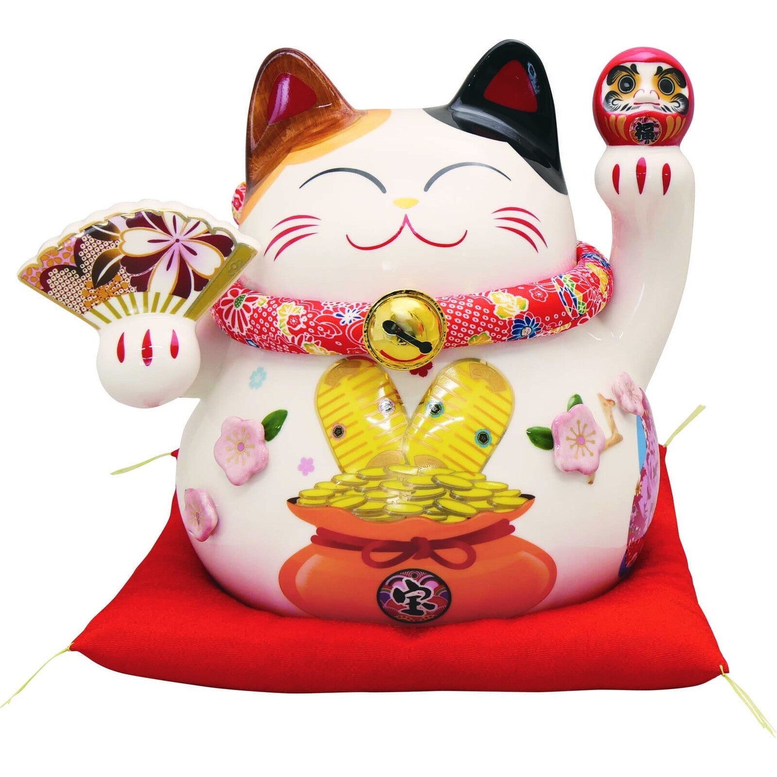 Ryukodo Porcelain Lucky Maneki Cat Money Box - Large - Fan of Prosperity
