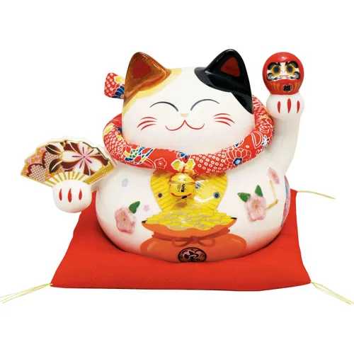 Ryukodo Porcelain Lucky Maneki Cat Money Box - Small - Fan of Prosperity