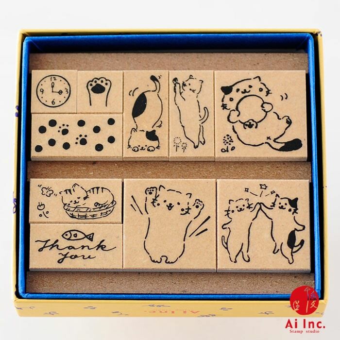 Sanby cat rubber stamp set in yellow box with eco wood handles