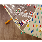 Sanby Yumi Kitagishi Art Time die-cut stickers on transparent umbrella with cat and squirrel designs