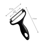 Black-handled Shimomura Kihan vegetable peeler with stainless steel blade and safety holder