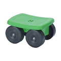 Side view of lime green wheeled garden stool with ribbed black tires and contoured seat