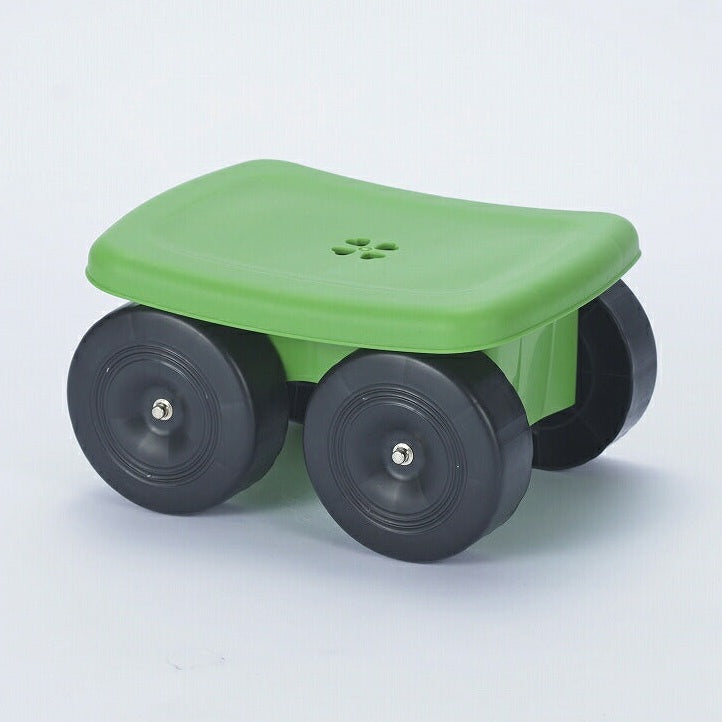 Front view of compact lime green rolling garden stool with ventilation cutouts