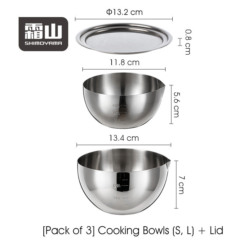 Shimoyama cooking bowl set dimensions diagram S, L and lid
