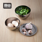 Shimoyama stainless steel mixing bowl set with eggs and salad on wood
