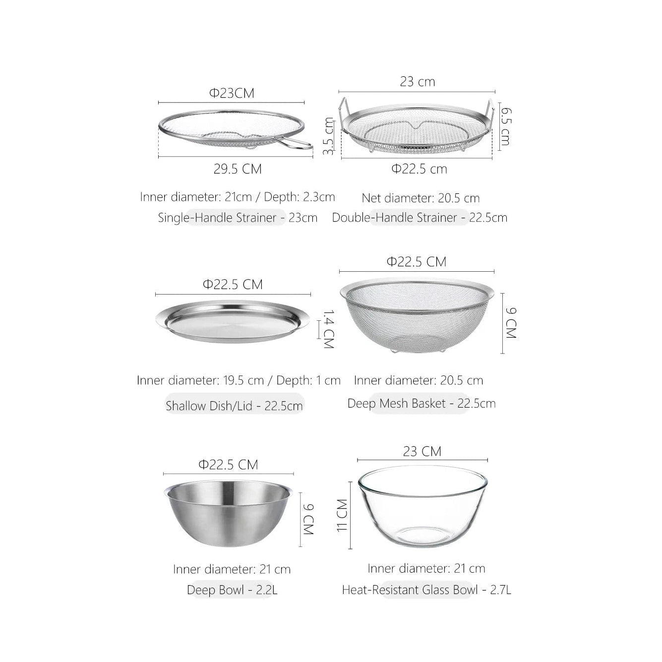 Shimoyama 304 Stainless Steel Strainer Mixing Bowl - 23cm Set of 6