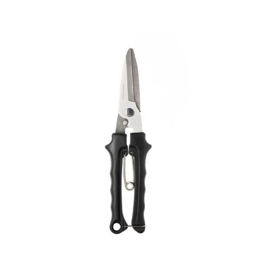 Black handled stainless steel kitchen shears with locking slot