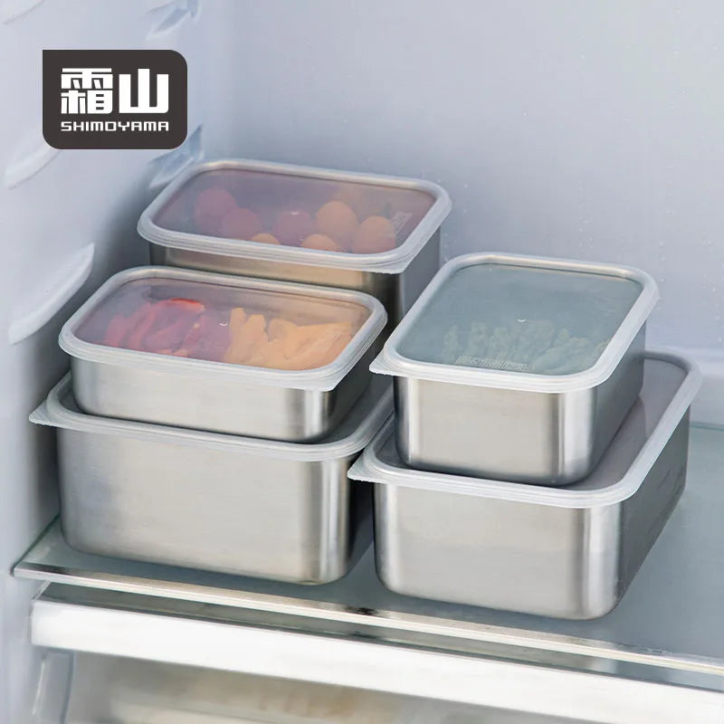 Shimoyama aluminum food containers storing vegetables on refrigerator shelf