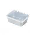 Empty Shimoyama rectangular aluminum food container with fitted clear lid