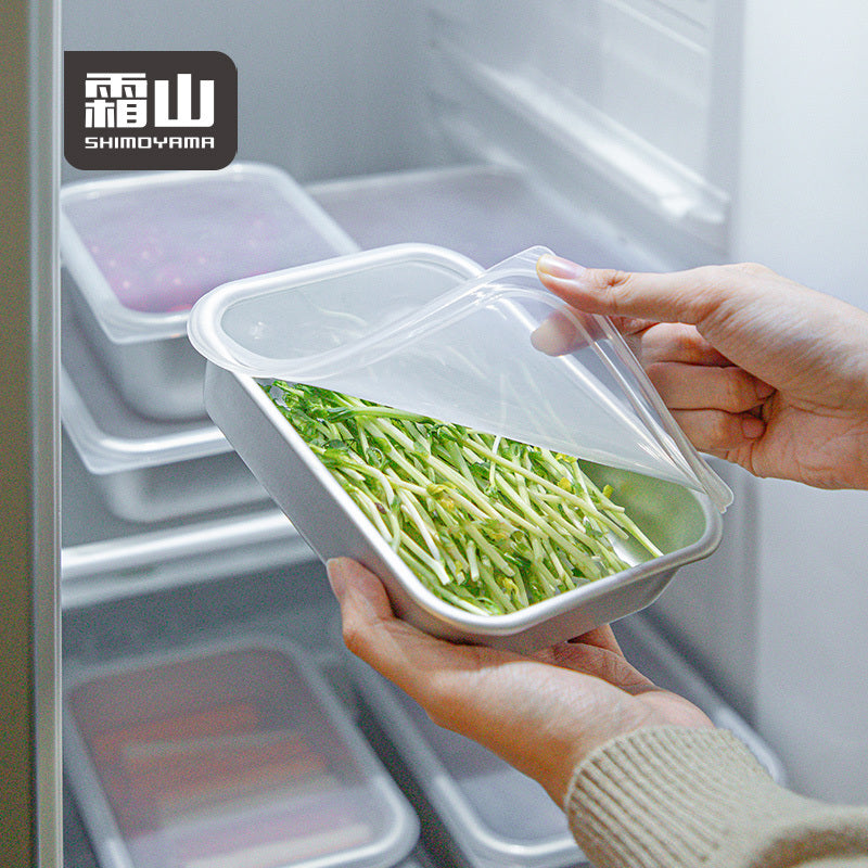 Shimoyama aluminum food container storing green bean sprouts in fridge