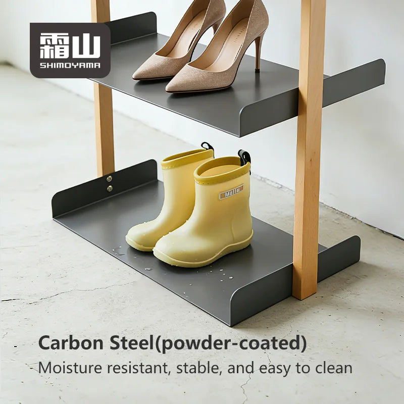 Close-up of Shimoyama Beech Frame Shoe Rack showing moisture-resistant powder-coated steel shelves and beech wood uprights