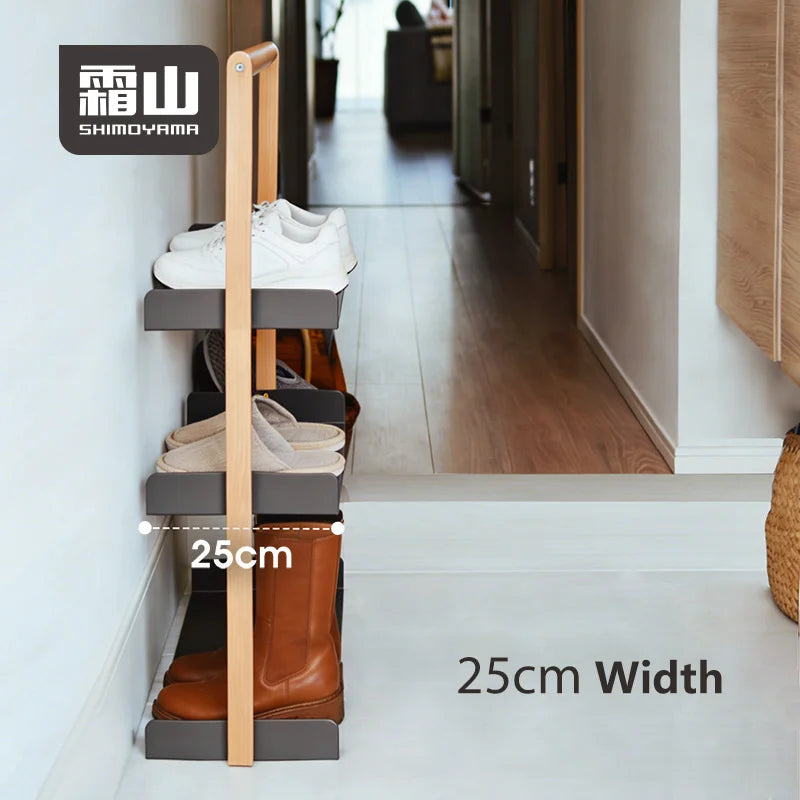 Side view highlighting the slim 25cm depth of the Shimoyama shoe rack fitting tightly in a hallway space
