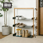 Front view of three-tier shoe rack displaying vertical shelf dimensions for sneakers, slippers, and children's boots