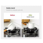 Before and after showing Shimoyama trivet preventing tipping on gas stove
