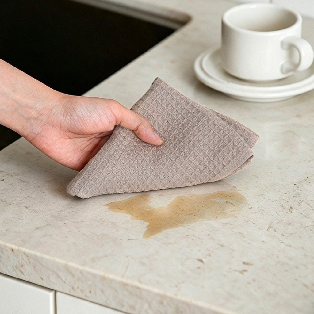 Taupe waffle weave cotton cloth wiping countertop spill
