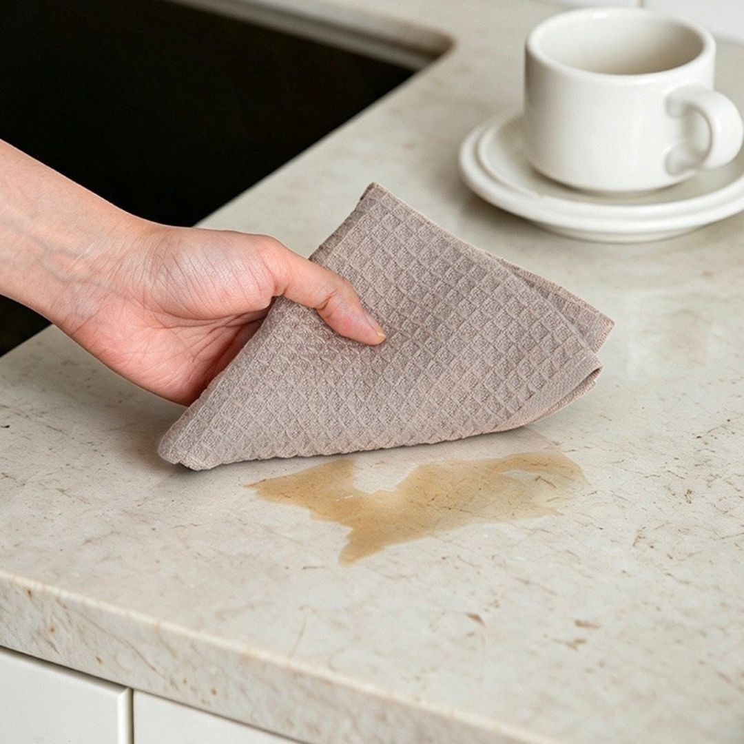 Taupe waffle weave cotton cloth wiping countertop spill