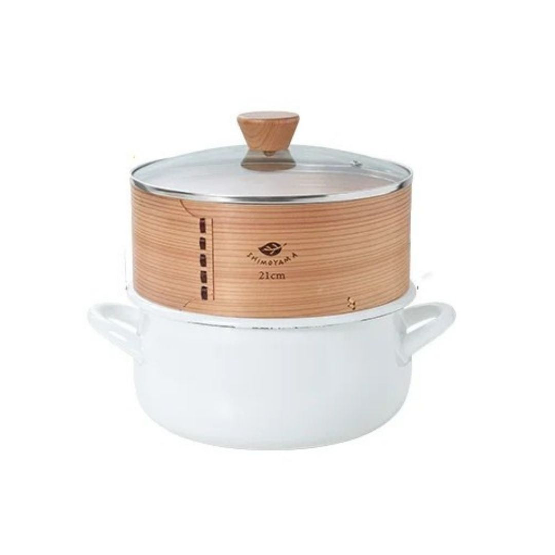 Shimoyama Dual-handle Enamel Pot with Glass Lid 22cm & Bamboo Steamer 21cm Set