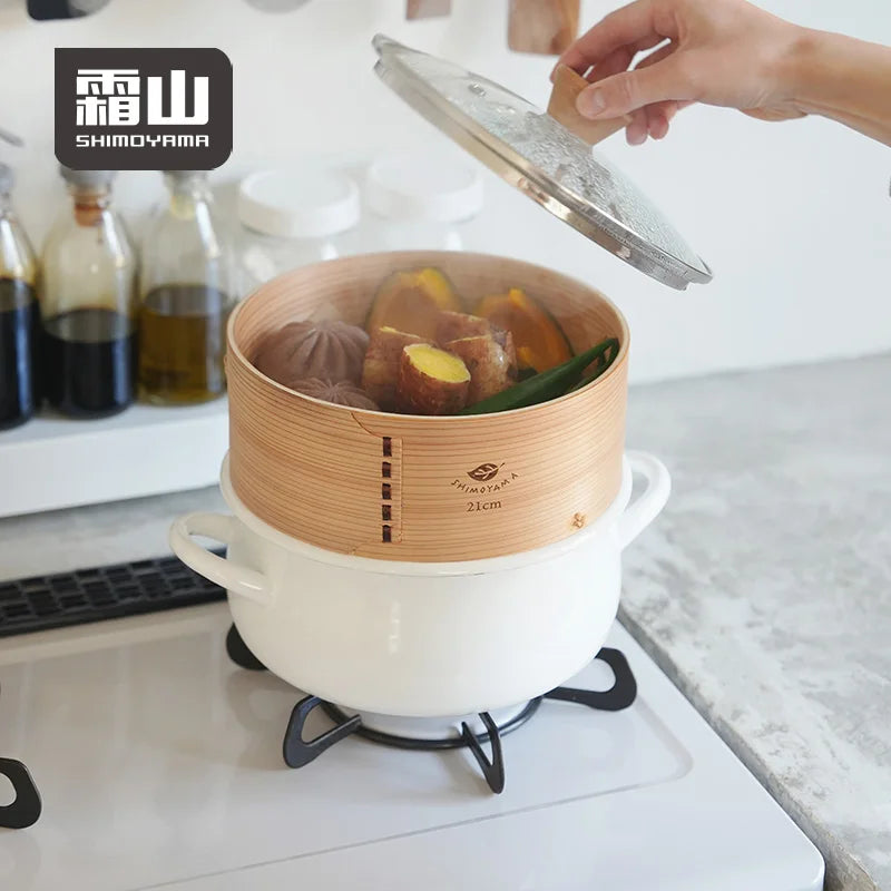 Shimoyama Dual-handle Enamel Pot with Glass Lid 22cm & Bamboo Steamer 21cm Set