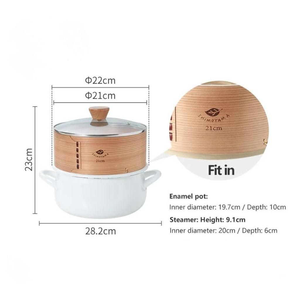 Shimoyama Dual-handle Enamel Pot with Glass Lid 22cm & Bamboo Steamer 21cm Set