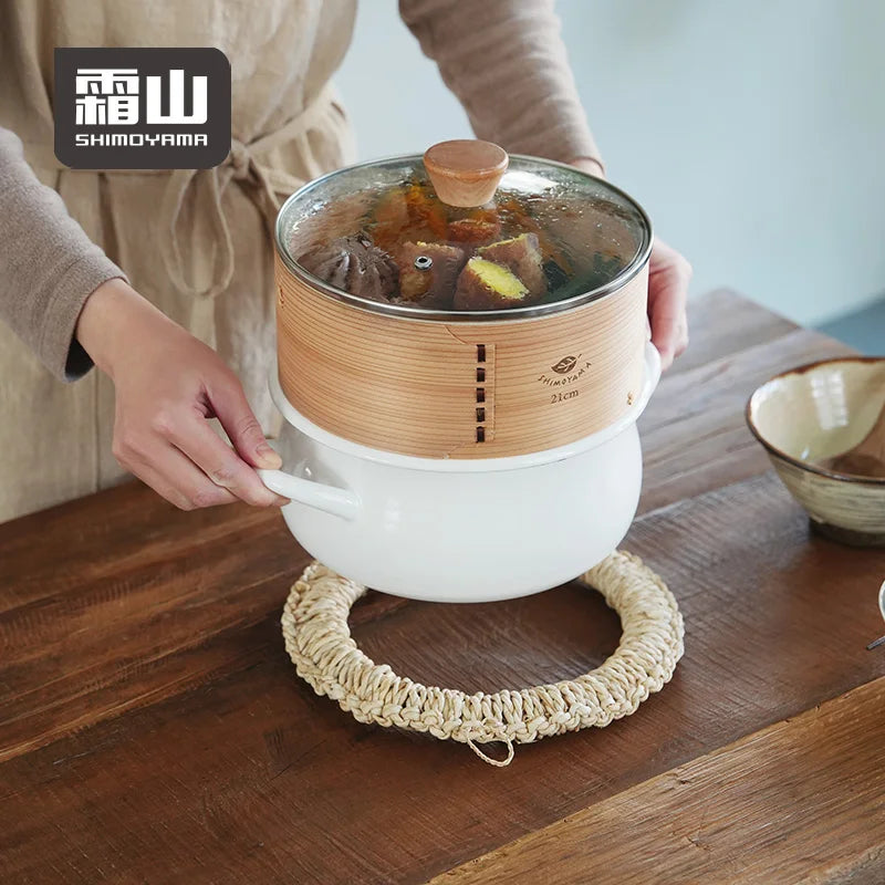 Shimoyama Dual-handle Enamel Pot with Glass Lid 22cm & Bamboo Steamer 21cm Set