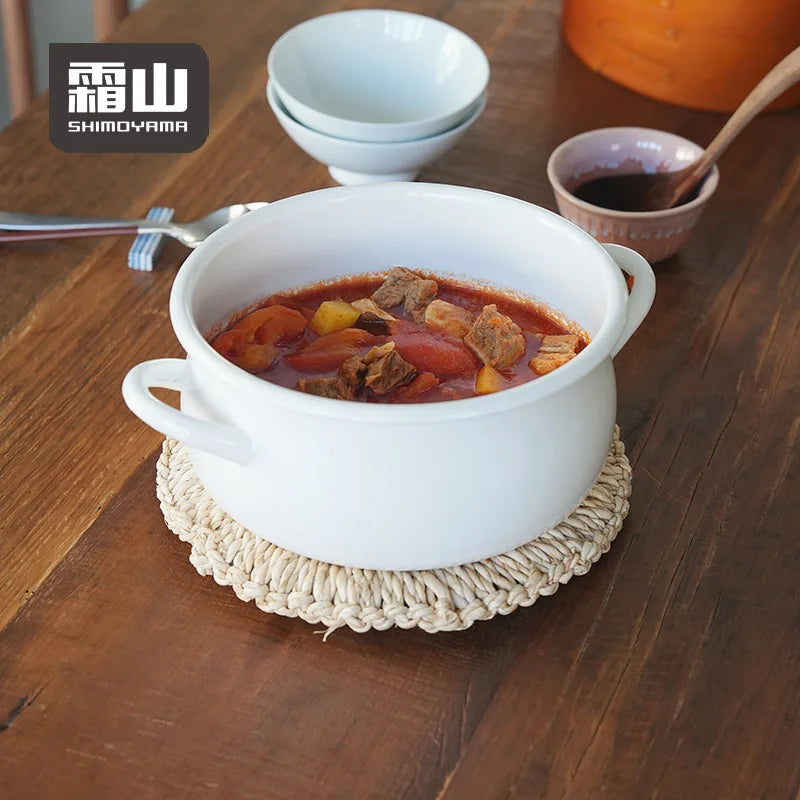 Shimoyama Dual-handle Enamel Pot with Glass Lid 22cm & Bamboo Steamer 21cm Set