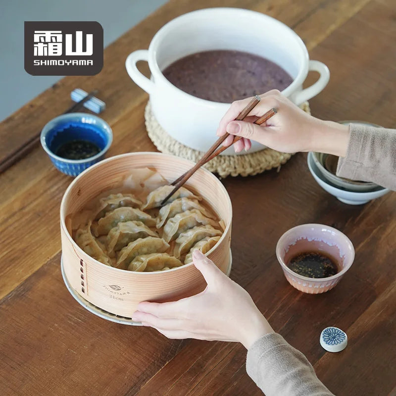 Shimoyama Dual-handle Enamel Pot with Glass Lid 22cm & Bamboo Steamer 21cm Set