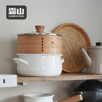 Shimoyama Dual-handle Enamel Pot with Glass Lid 22cm & Bamboo Steamer 21cm Set