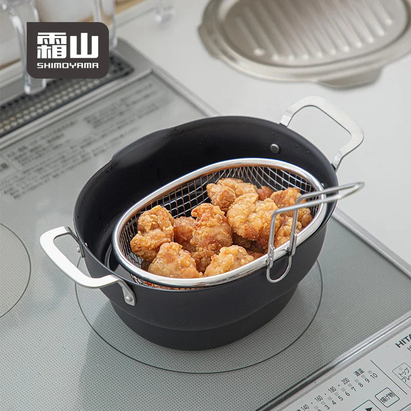 Shimoyama Iron Deep Tempura Frying Pot Lid & Strainer Set