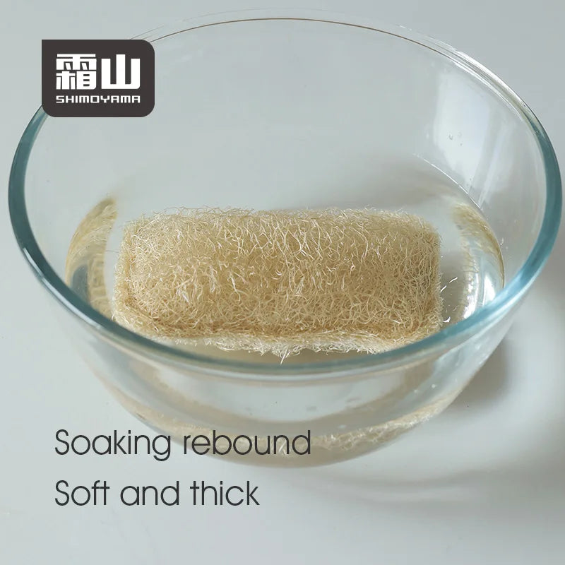 Soaking loofah dish wipe expanding and softening in glass bowl