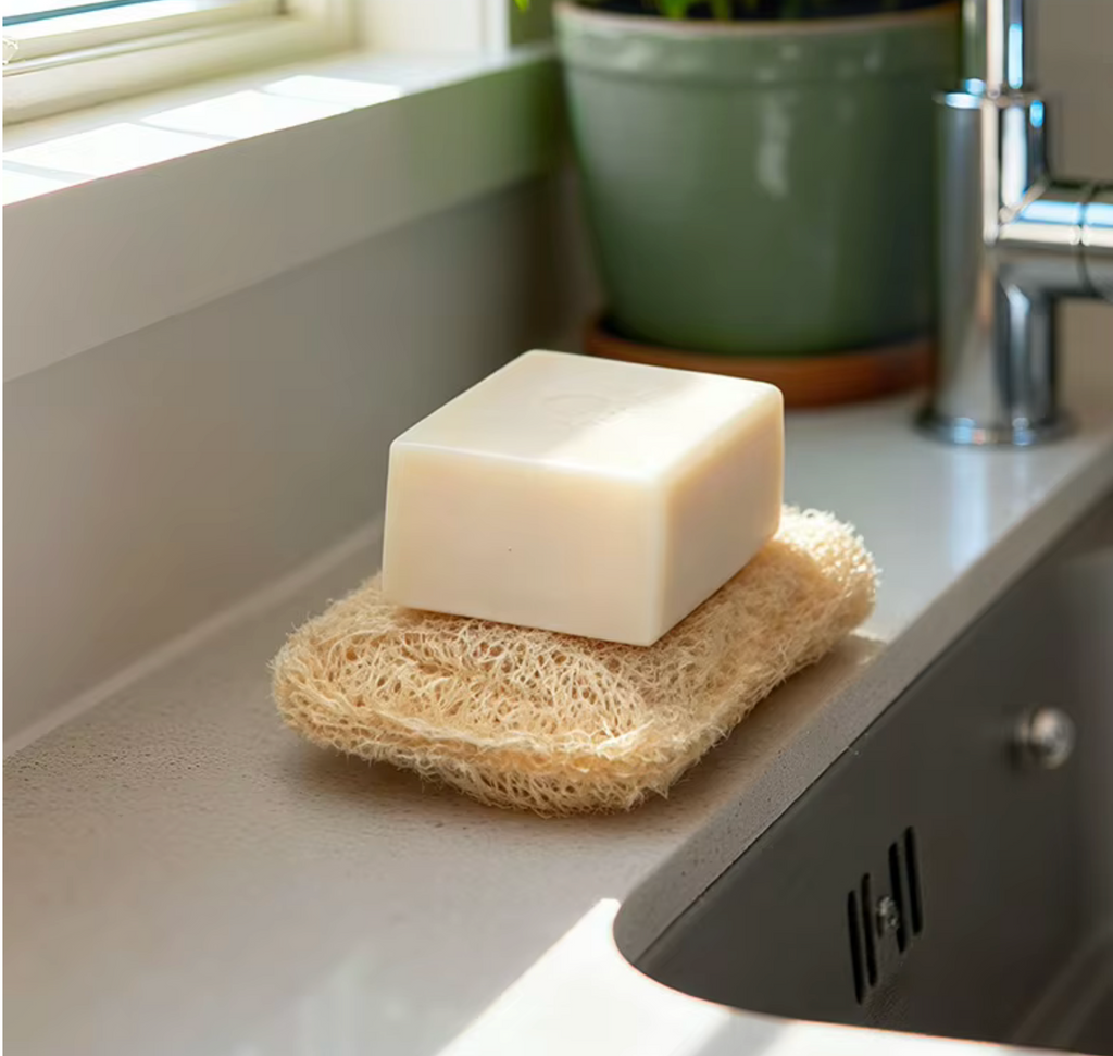 Dry loofah dish sponge on kitchen counter beside bar of soap