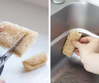 Scissors cutting dry loofah pad and hand scrubbing stainless steel sink corner