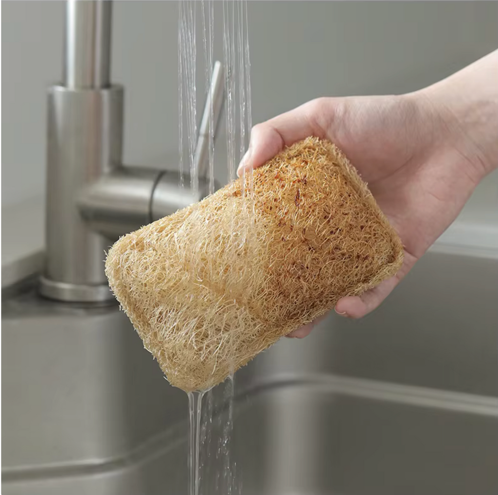 Wet natural loofah scrubber softening under running water in sink