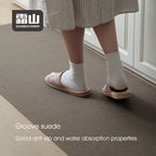 Close-up of textured khaki kitchen mat with anti-slip backing and water absorption
