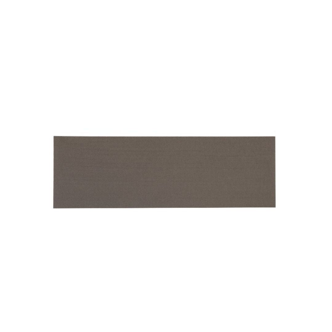 Flat lay of ribbed texture khaki polyester kitchen runner mat on white background
