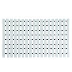 Flat lay of grey ribbed bath mat with black TPE anti-slip strips on white background