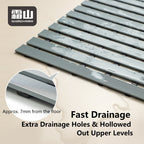 Grey slatted bath mat close-up showing 7mm drainage gaps for fast water runoff